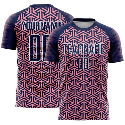 Custom Navy Medium Pink-White Geometric Arrow Sublimation Soccer Uniform Jersey