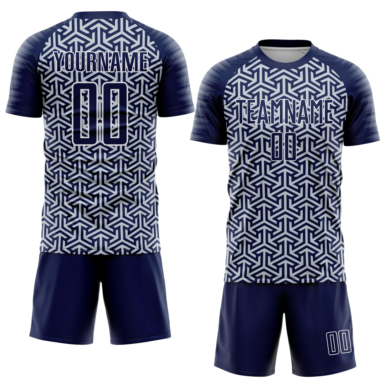 Custom Navy Silver-White Geometric Arrow Sublimation Soccer Uniform Jersey
