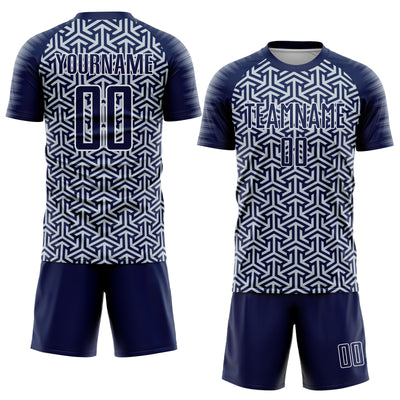 Custom Navy Silver-White Geometric Arrow Sublimation Soccer Uniform Jersey