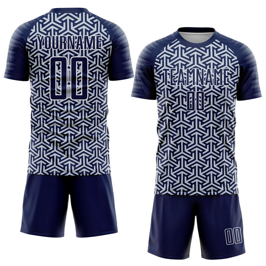 Custom Navy Silver-White Geometric Arrow Sublimation Soccer Uniform Jersey
