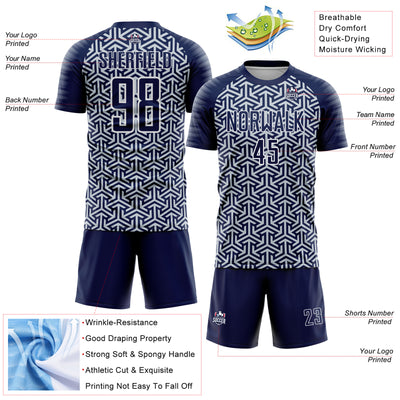 Custom Navy Silver-White Geometric Arrow Sublimation Soccer Uniform Jersey
