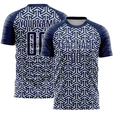 Custom Navy Silver-White Geometric Arrow Sublimation Soccer Uniform Jersey