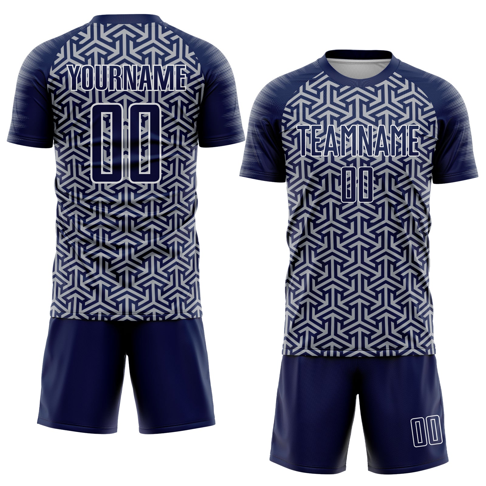 Custom Navy Gray-White Geometric Arrow Sublimation Soccer Uniform Jersey