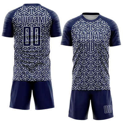 Custom Navy Gray-White Geometric Arrow Sublimation Soccer Uniform Jersey