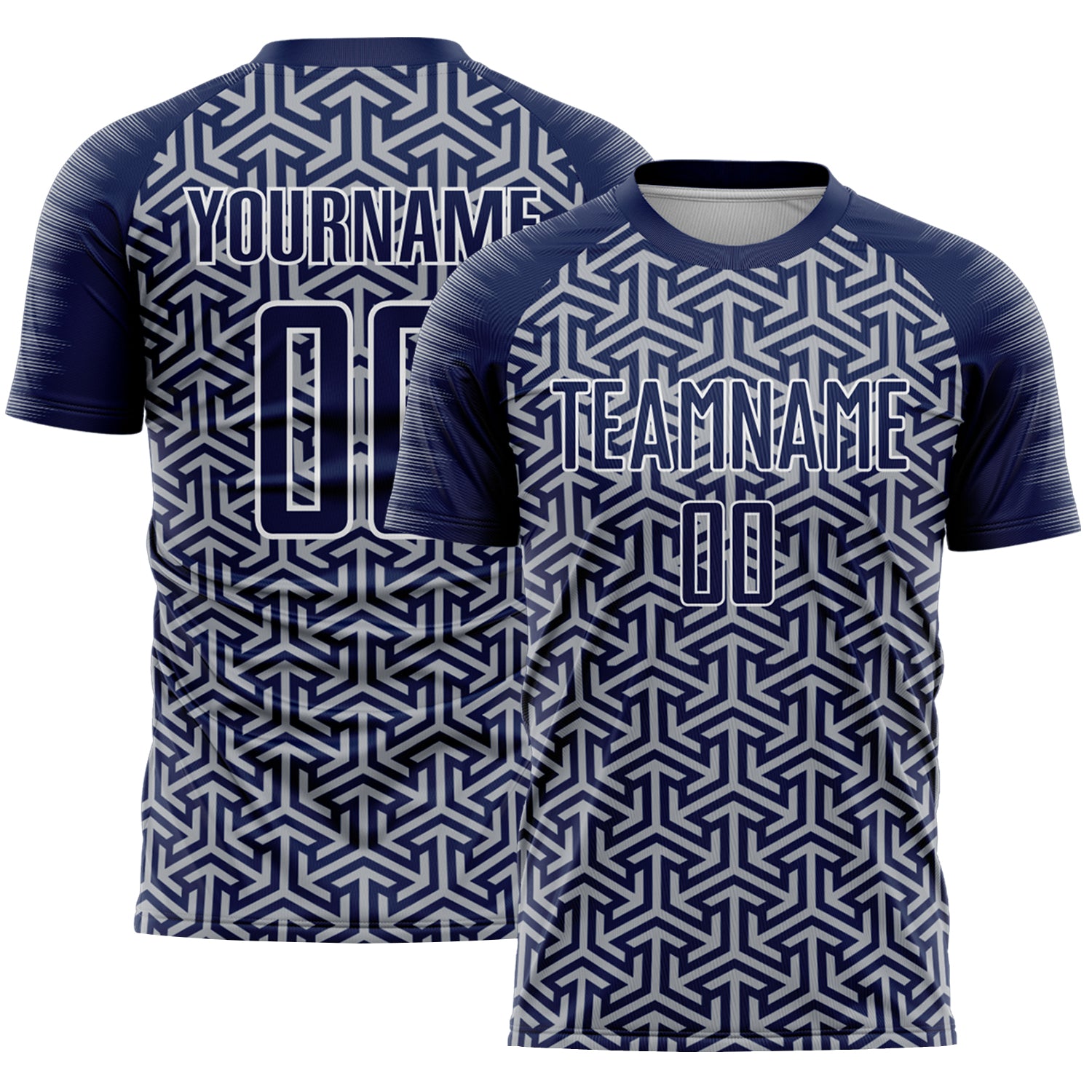 Custom Navy Gray-White Geometric Arrow Sublimation Soccer Uniform Jersey