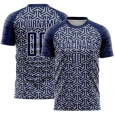 Custom Navy Gray-White Geometric Arrow Sublimation Soccer Uniform Jersey
