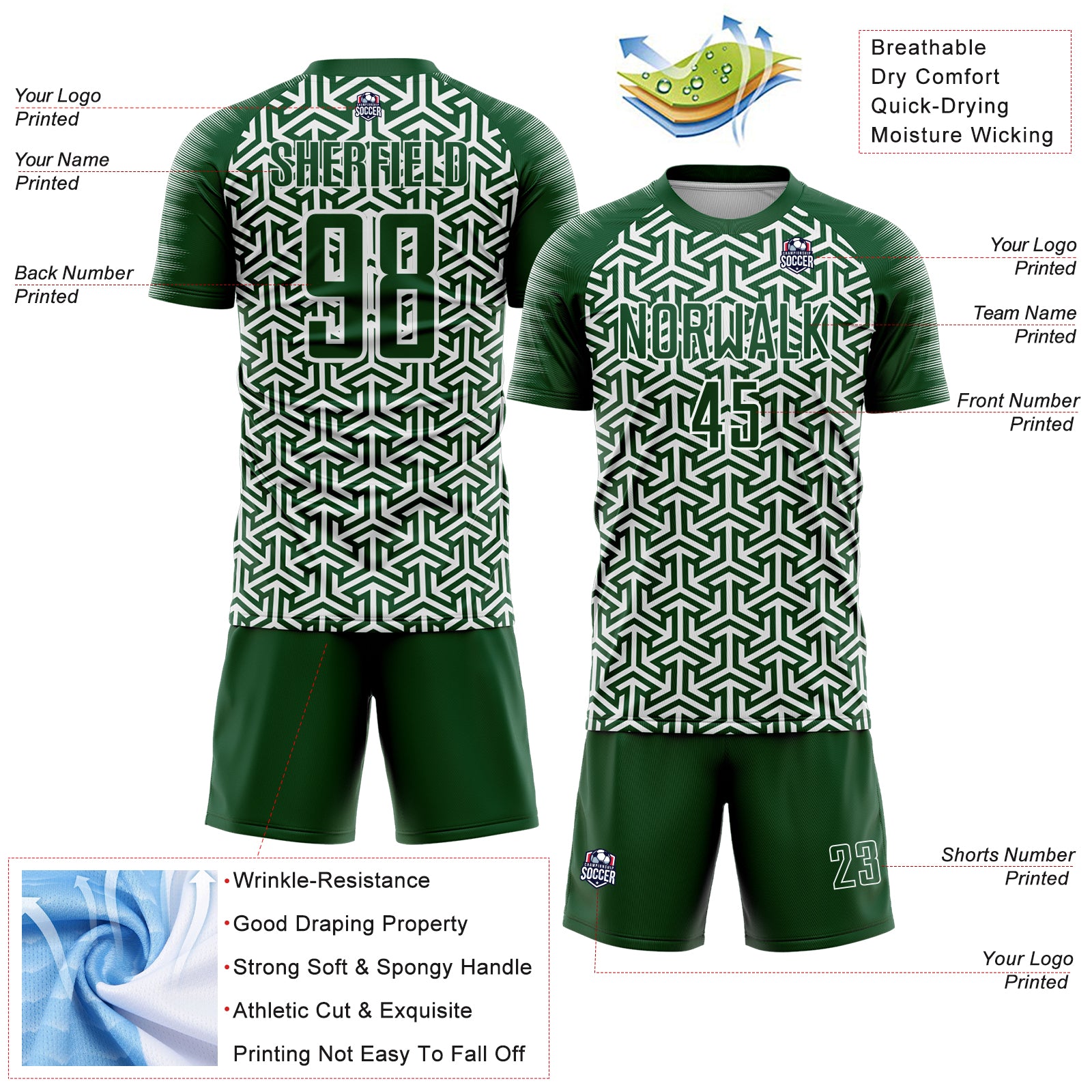 Custom Green White Geometric Arrow Sublimation Soccer Uniform Jersey