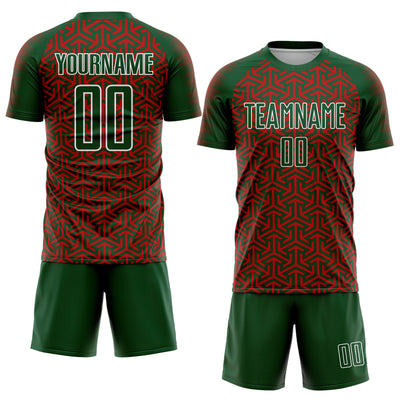 Custom Green Red-White Geometric Arrow Sublimation Soccer Uniform Jersey