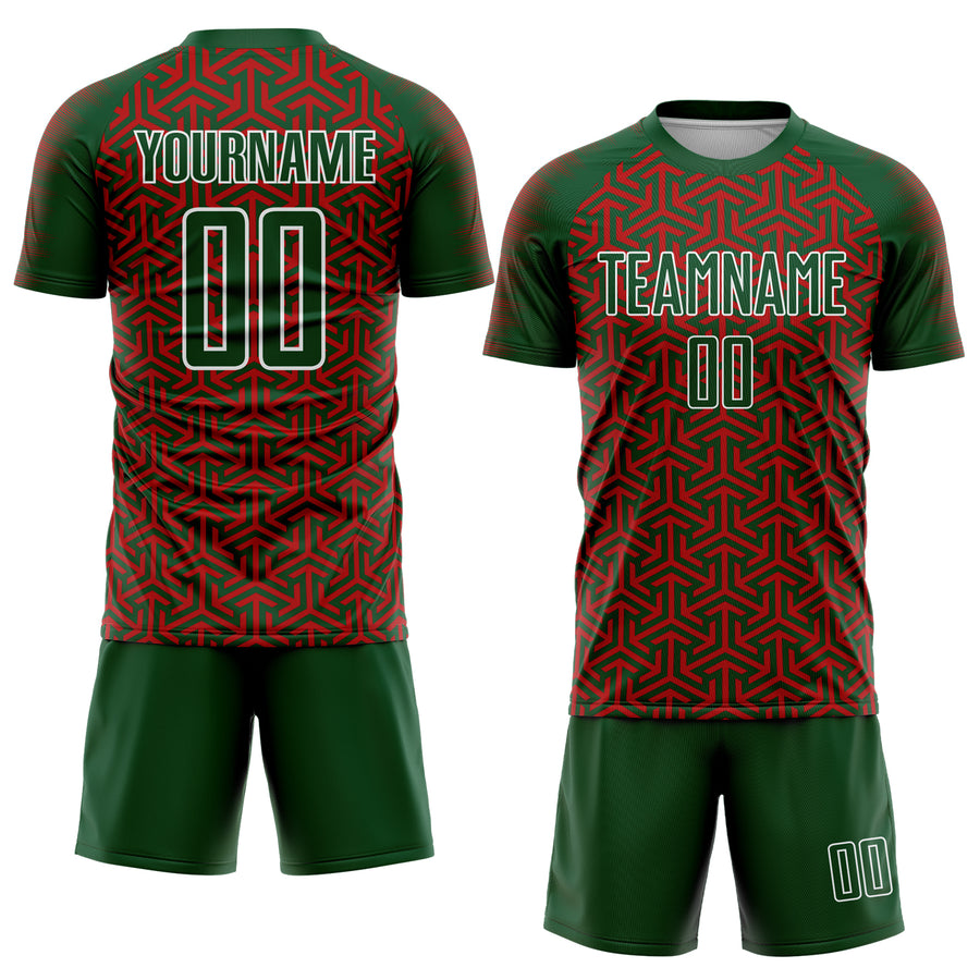 Custom Green Red-White Geometric Arrow Sublimation Soccer Uniform Jersey