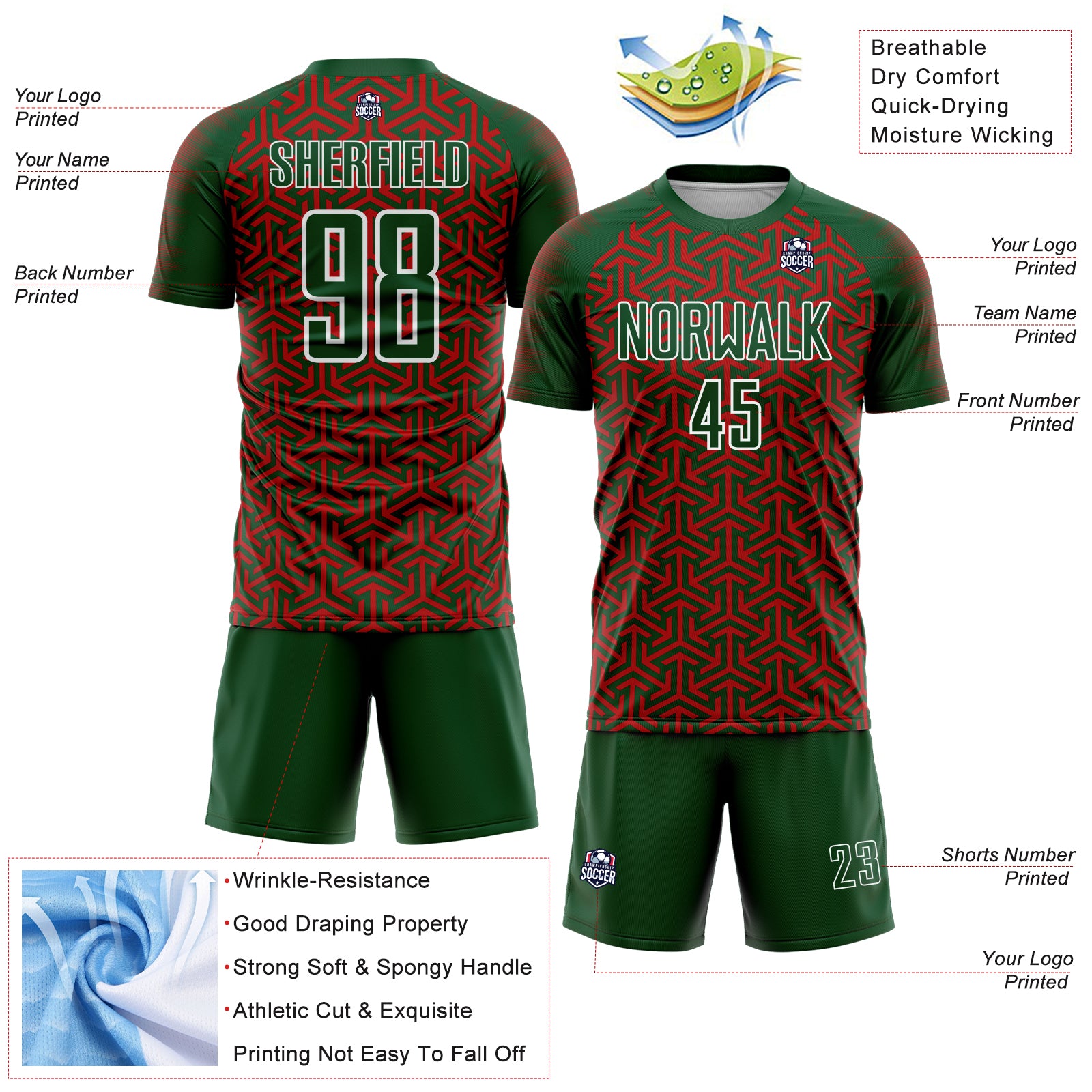 Custom Green Red-White Geometric Arrow Sublimation Soccer Uniform Jersey