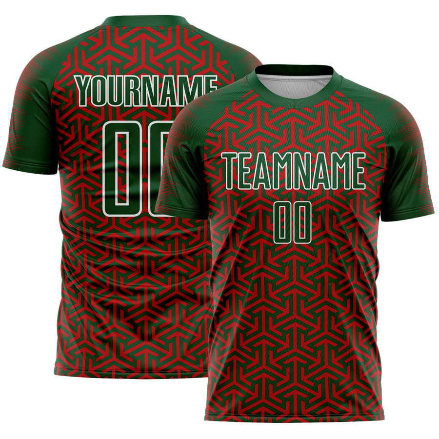 Custom Green Red-White Geometric Arrow Sublimation Soccer Uniform Jersey
