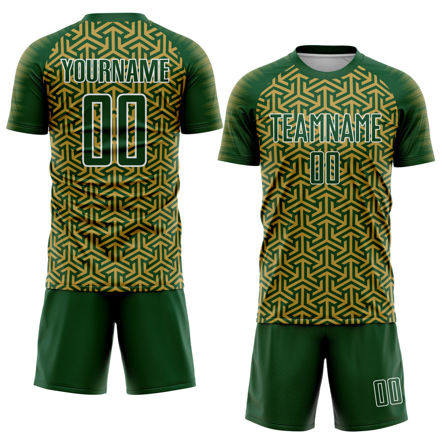 Custom Green Old Gold-White Geometric Arrow Sublimation Soccer Uniform Jersey