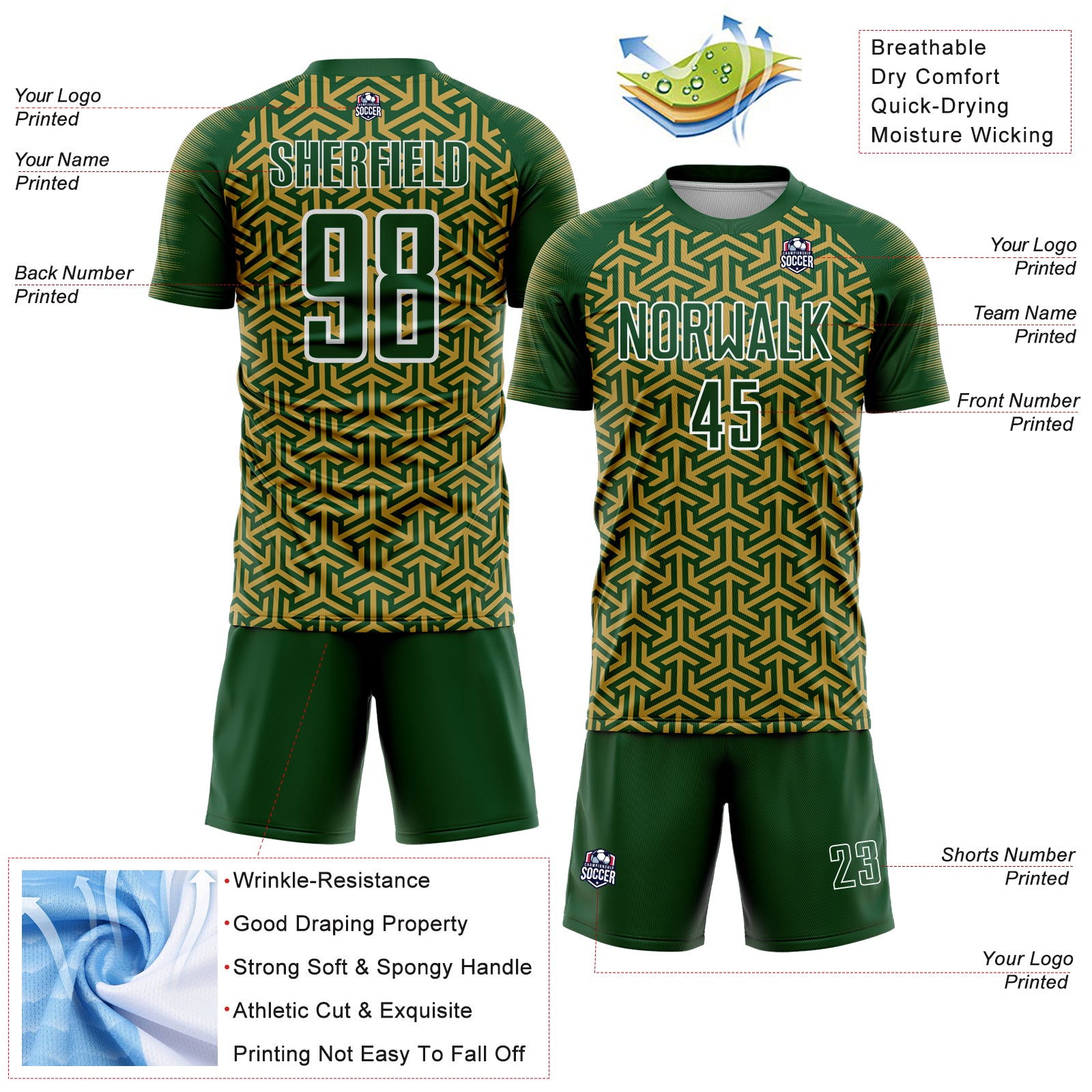 Custom Green Old Gold-White Geometric Arrow Sublimation Soccer Uniform Jersey