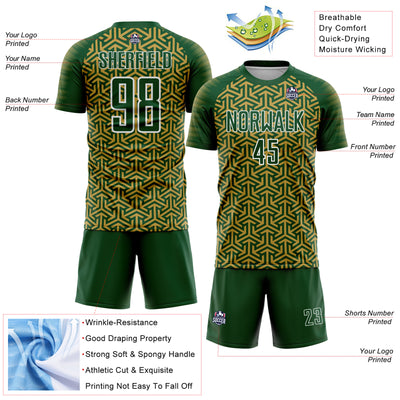 Custom Green Old Gold-White Geometric Arrow Sublimation Soccer Uniform Jersey