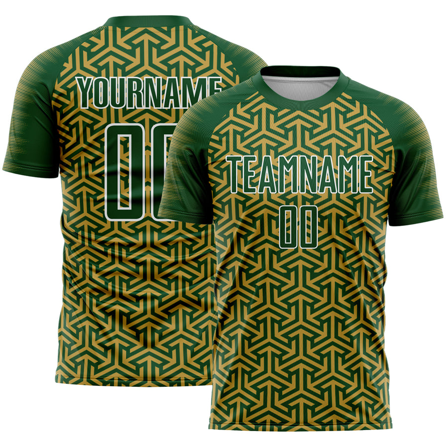 Custom Green Old Gold-White Geometric Arrow Sublimation Soccer Uniform Jersey