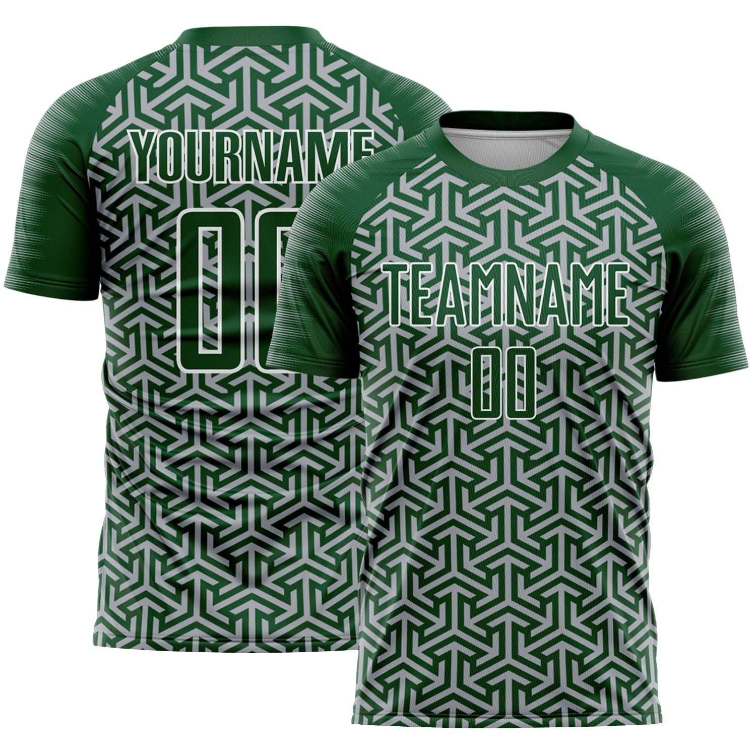 Custom Green Gray-White Geometric Arrow Sublimation Soccer Uniform Jersey