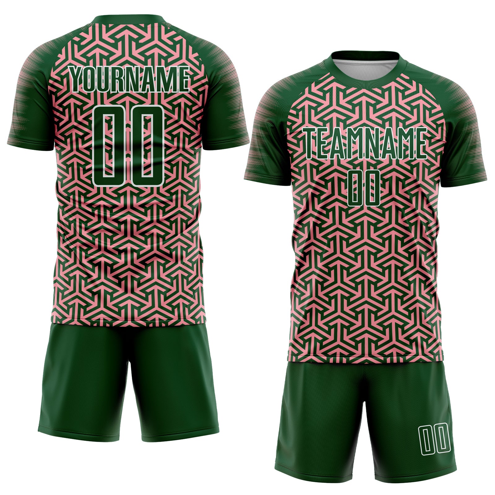 Custom Green Medium Pink-White Geometric Arrow Sublimation Soccer Uniform Jersey