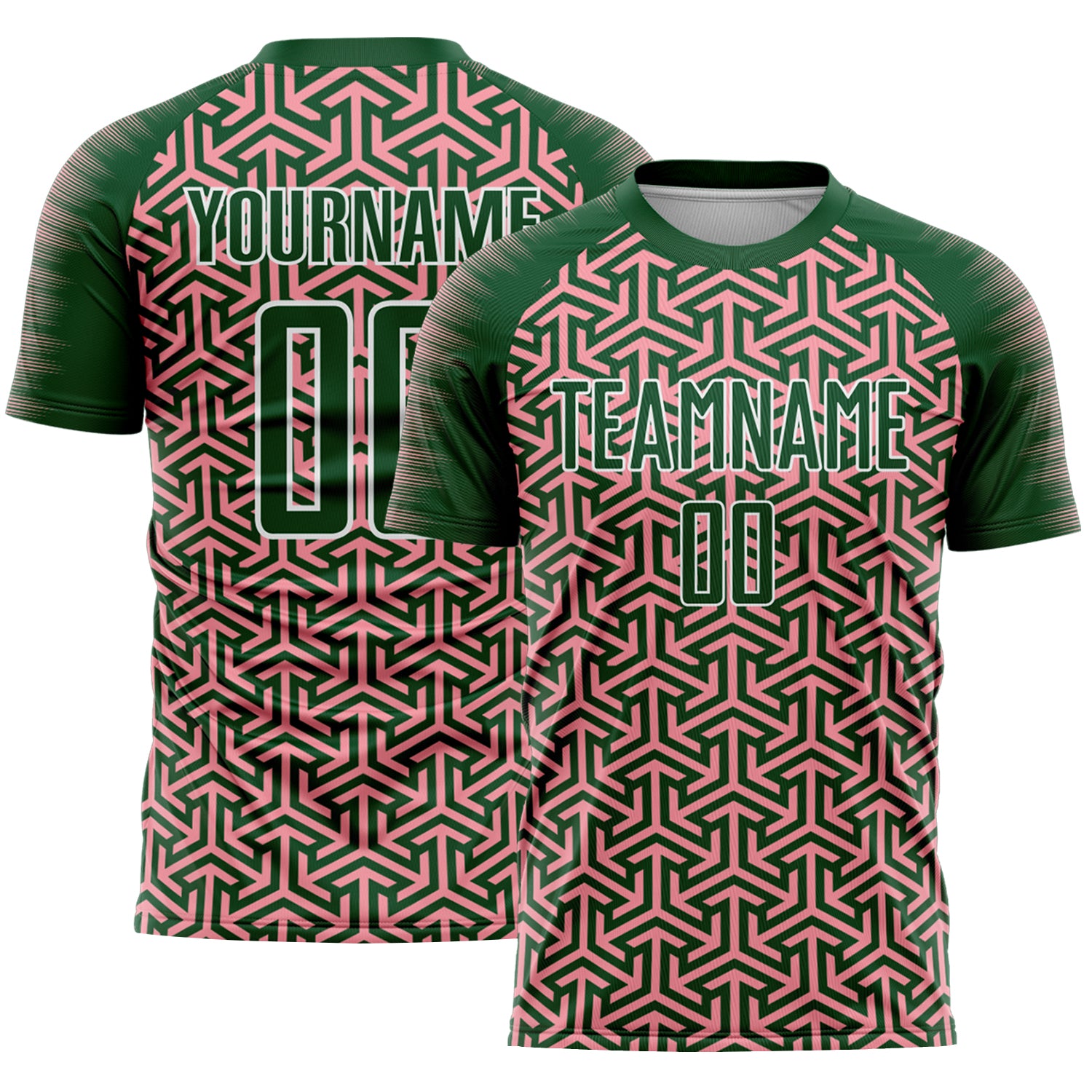 Custom Green Medium Pink-White Geometric Arrow Sublimation Soccer Uniform Jersey