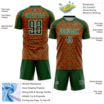 Custom Green Orange-White Geometric Arrow Sublimation Soccer Uniform Jersey