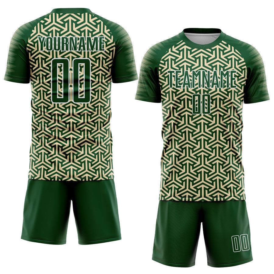 Custom Green Cream-White Geometric Arrow Sublimation Soccer Uniform Jersey