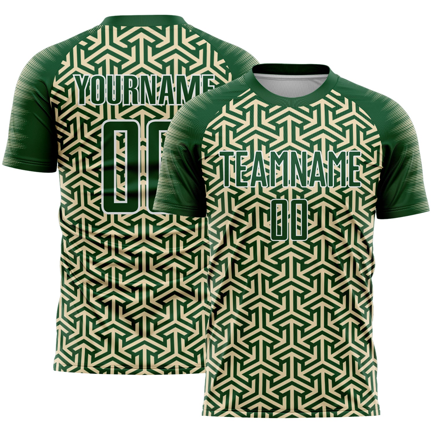 Custom Green Cream-White Geometric Arrow Sublimation Soccer Uniform Jersey