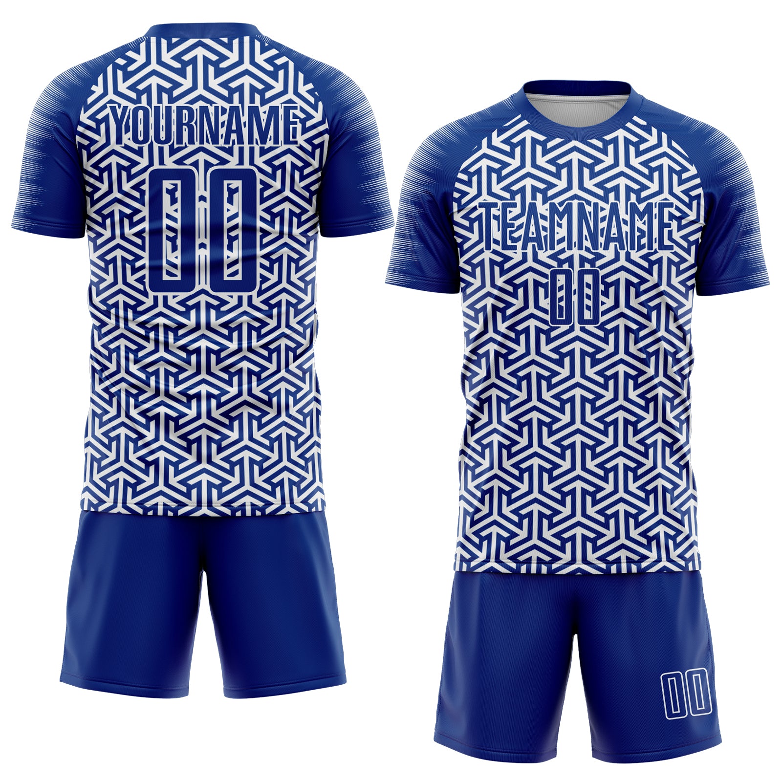 Custom Royal White Geometric Arrow Sublimation Soccer Uniform Jersey