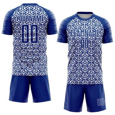 Custom Royal White Geometric Arrow Sublimation Soccer Uniform Jersey