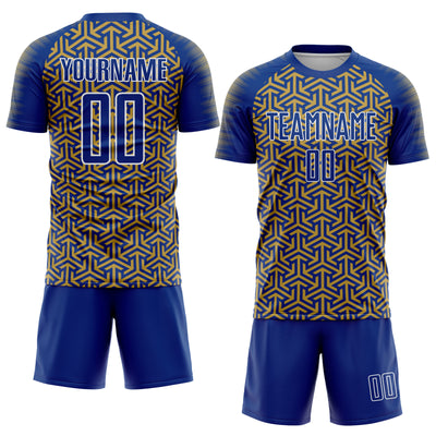 Custom Royal Old Gold-White Geometric Arrow Sublimation Soccer Uniform Jersey