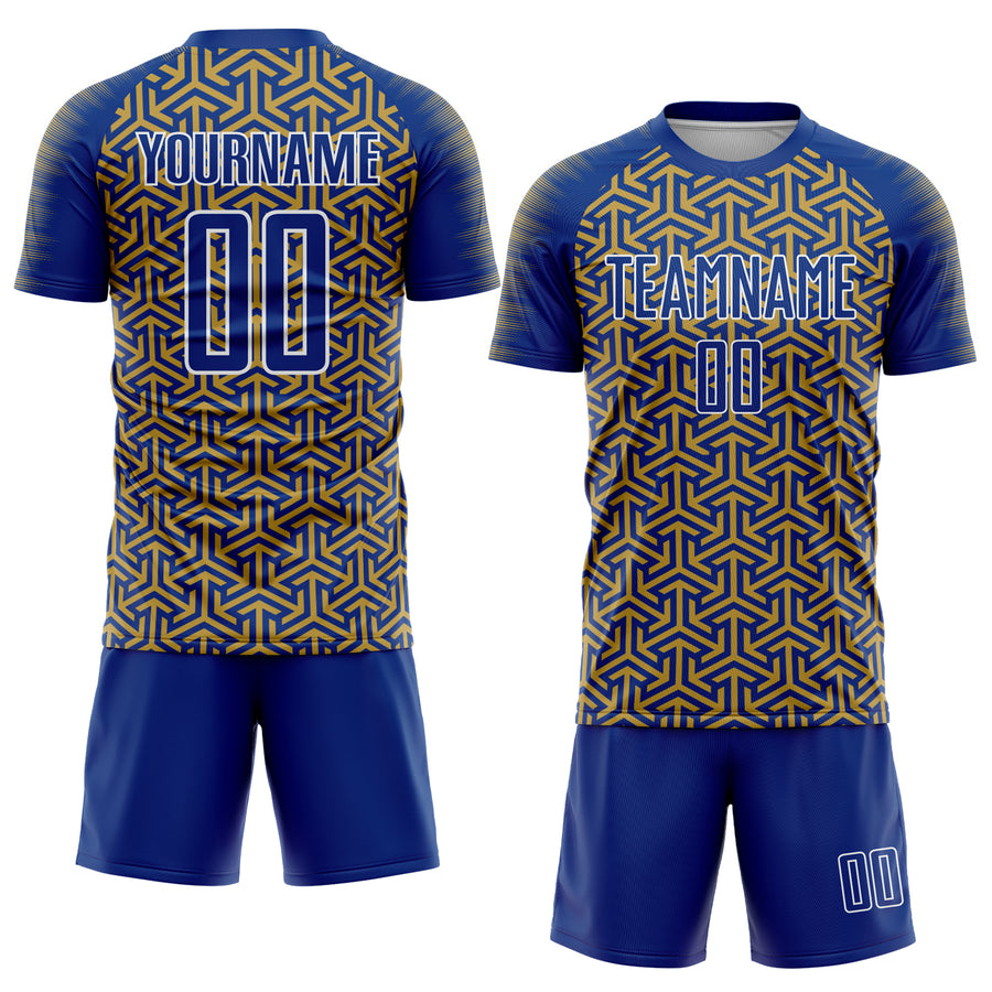 Custom Royal Old Gold-White Geometric Arrow Sublimation Soccer Uniform Jersey