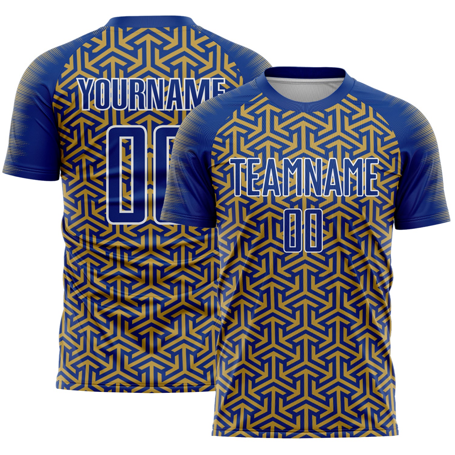 Custom Royal Old Gold-White Geometric Arrow Sublimation Soccer Uniform Jersey