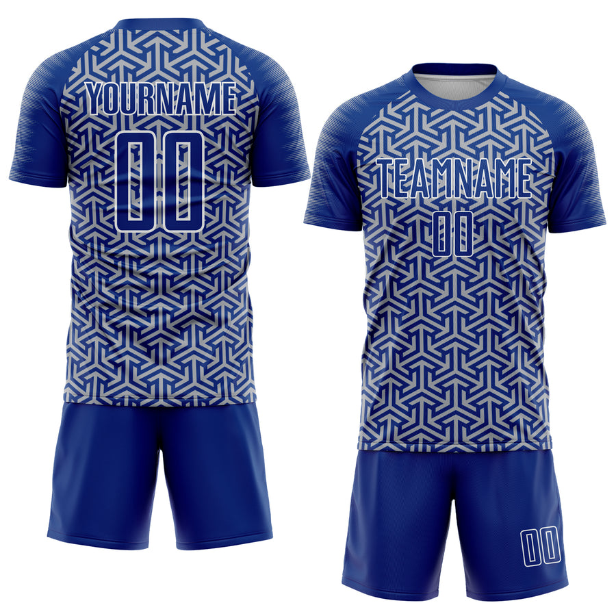 Custom Royal Gray-White Geometric Arrow Sublimation Soccer Uniform Jersey