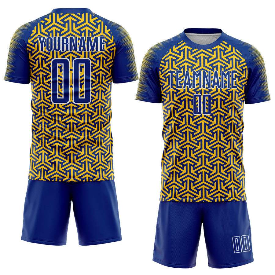 Custom Royal Yellow-White Geometric Arrow Sublimation Soccer Uniform Jersey