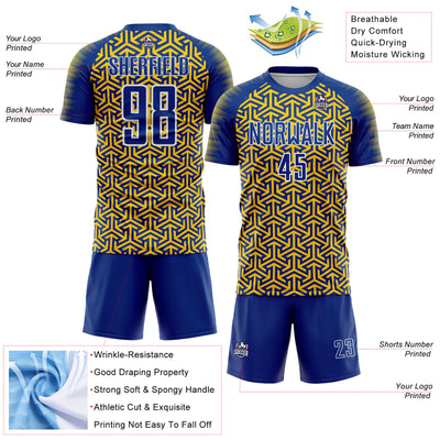 Custom Royal Yellow-White Geometric Arrow Sublimation Soccer Uniform Jersey