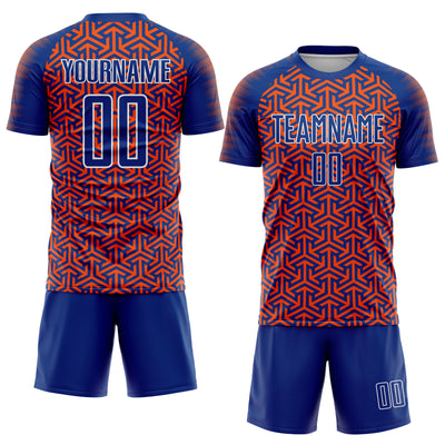Custom Royal Orange-White Geometric Arrow Sublimation Soccer Uniform Jersey
