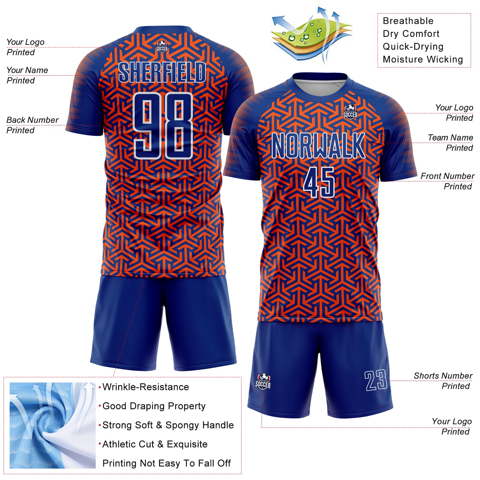Custom Royal Orange-White Geometric Arrow Sublimation Soccer Uniform Jersey