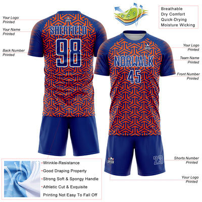 Custom Royal Orange-White Geometric Arrow Sublimation Soccer Uniform Jersey