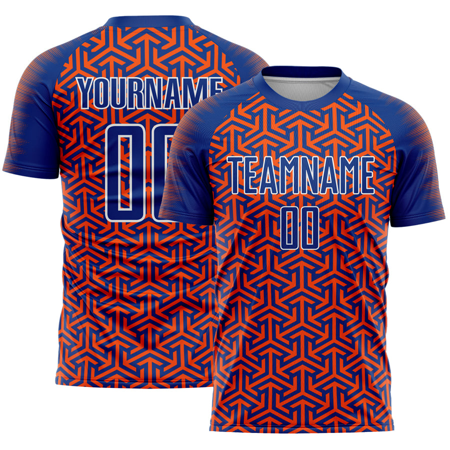 Custom Royal Orange-White Geometric Arrow Sublimation Soccer Uniform Jersey
