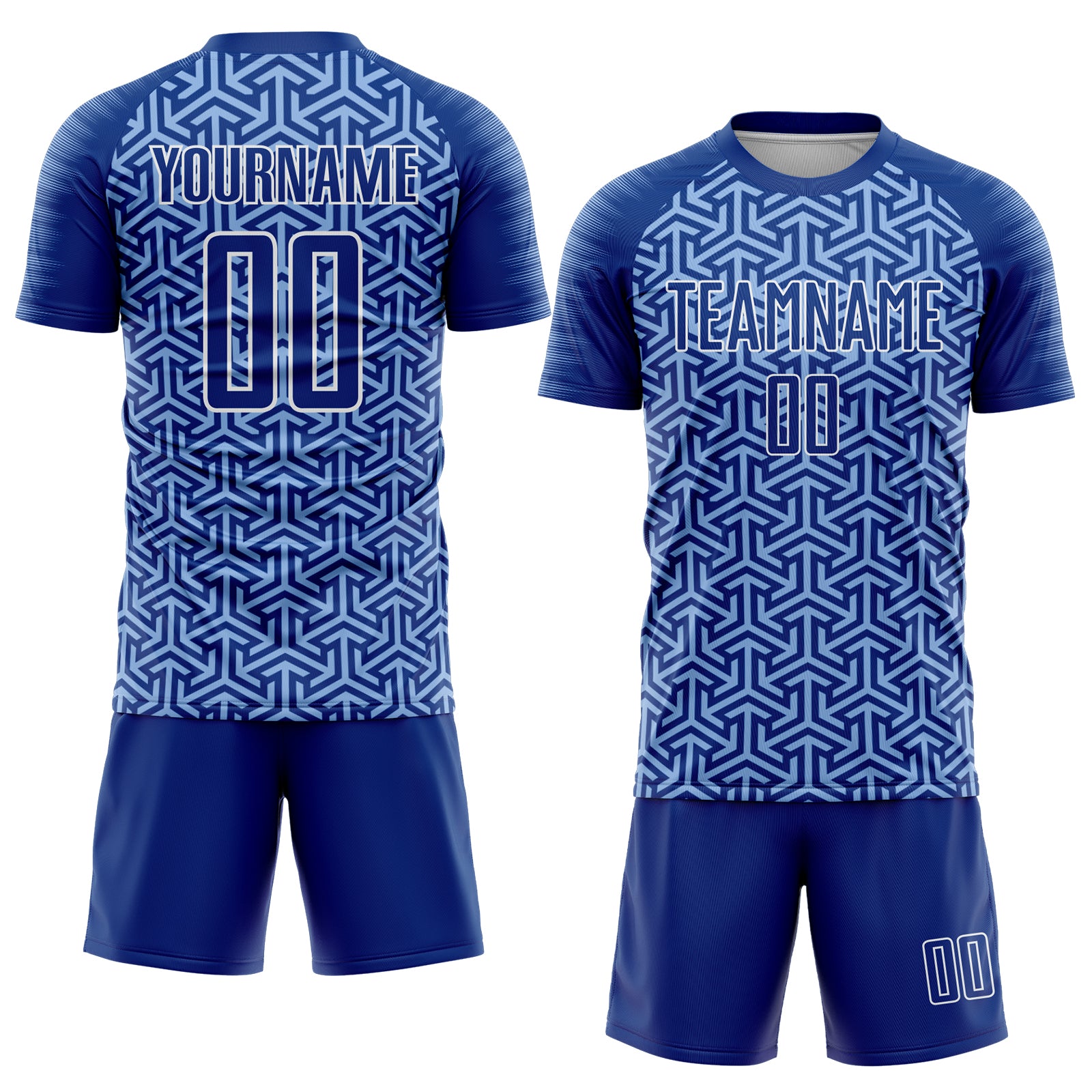 Custom Royal Light Blue-White Geometric Arrow Sublimation Soccer Uniform Jersey