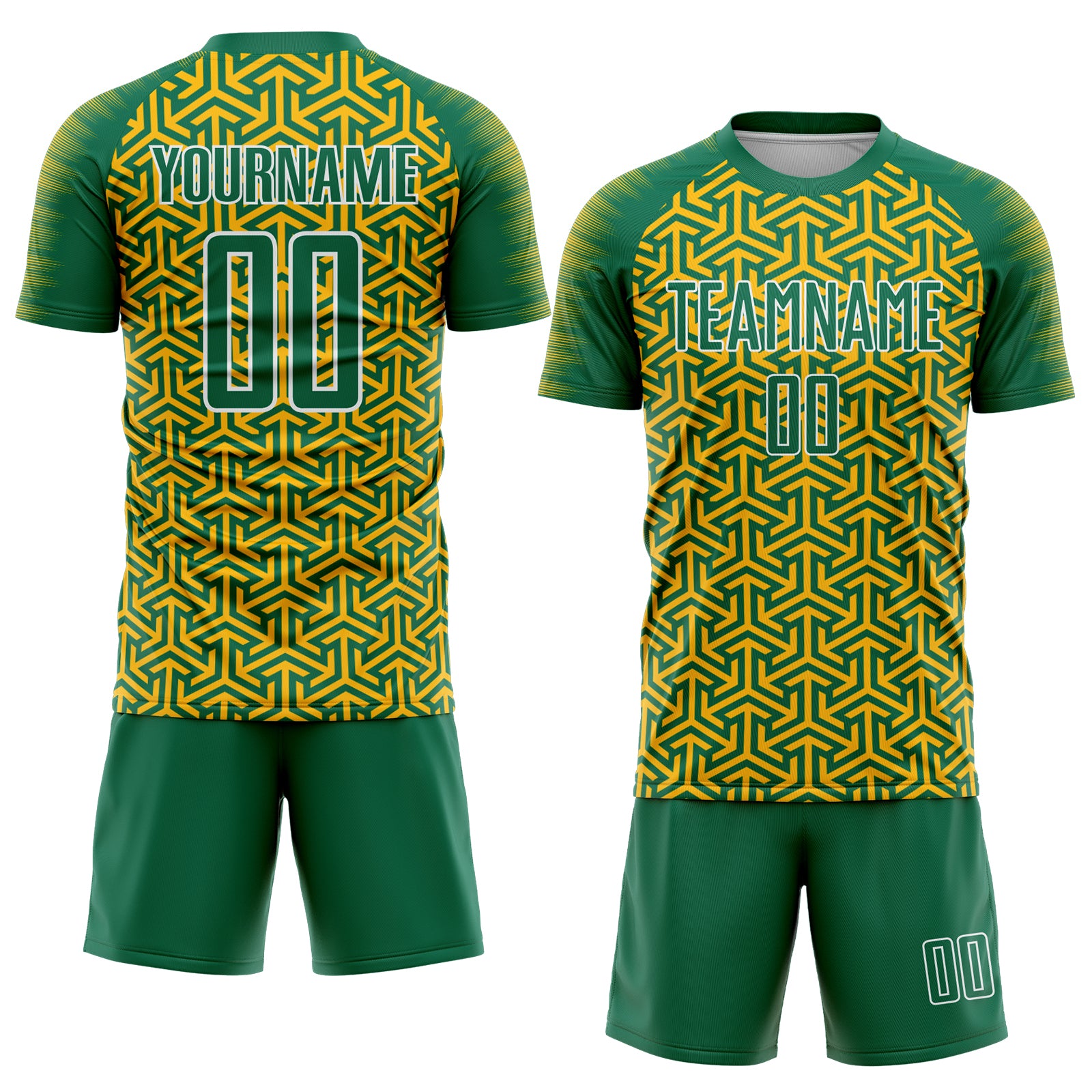Custom Kelly Green Gold-White Geometric Arrow Sublimation Soccer Uniform Jersey