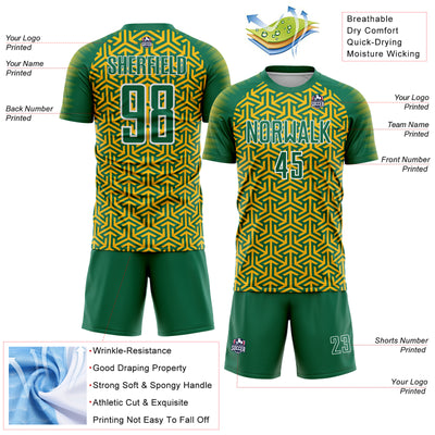 Custom Kelly Green Gold-White Geometric Arrow Sublimation Soccer Uniform Jersey