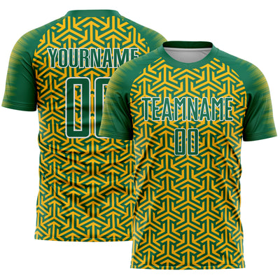 Custom Kelly Green Gold-White Geometric Arrow Sublimation Soccer Uniform Jersey