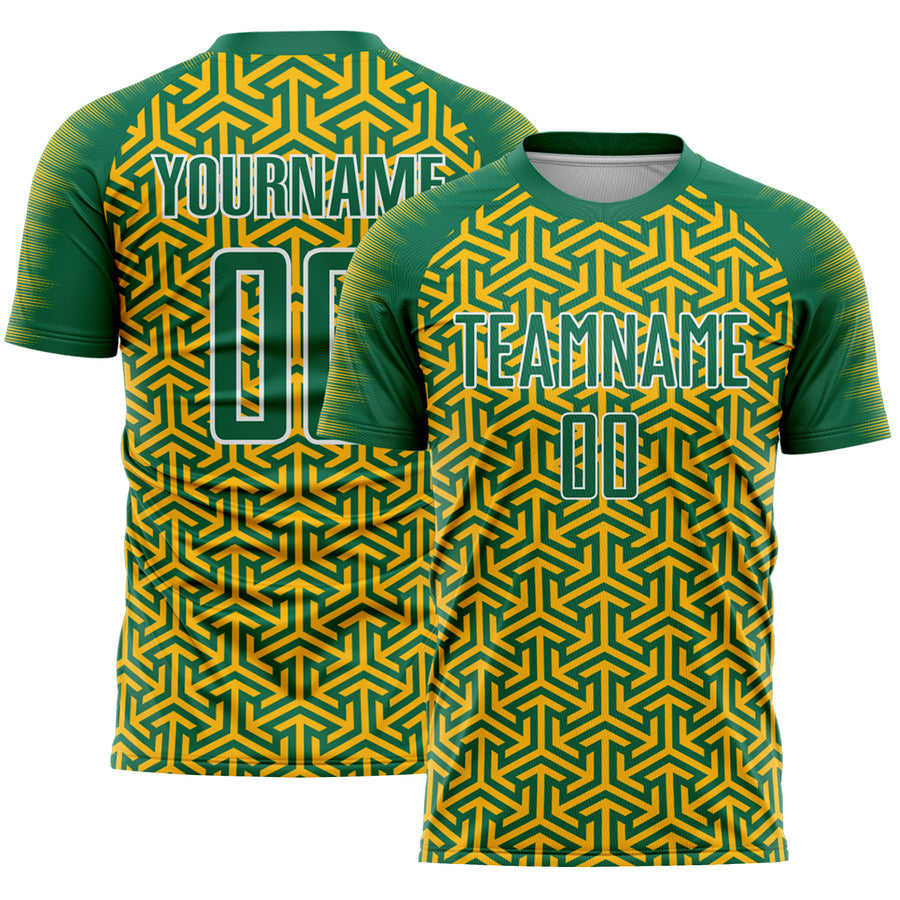 Custom Kelly Green Gold-White Geometric Arrow Sublimation Soccer Uniform Jersey