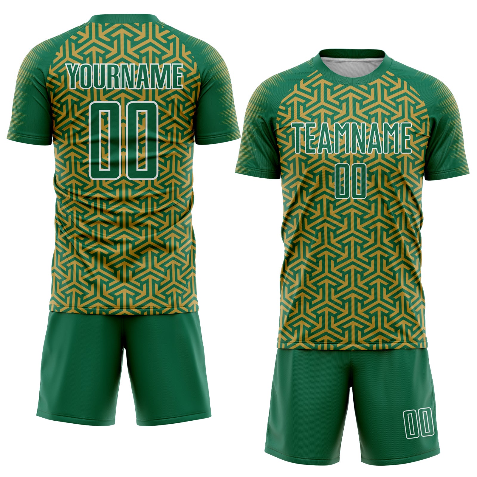 Custom Kelly Green Old Gold-White Geometric Arrow Sublimation Soccer Uniform Jersey