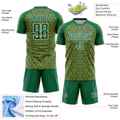 Custom Kelly Green Old Gold-White Geometric Arrow Sublimation Soccer Uniform Jersey