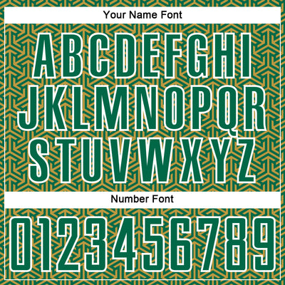 Custom Kelly Green Old Gold-White Geometric Arrow Sublimation Soccer Uniform Jersey