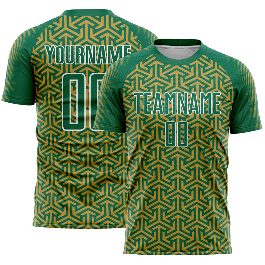 Custom Kelly Green Old Gold-White Geometric Arrow Sublimation Soccer Uniform Jersey