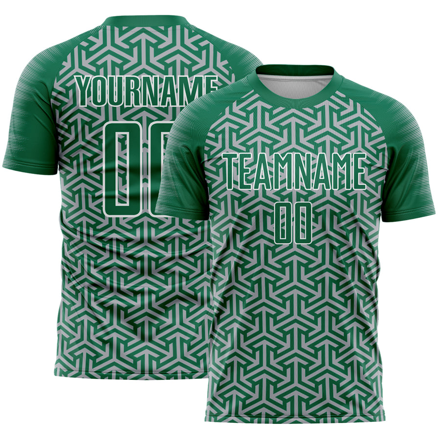 Custom Kelly Green Gray-White Geometric Arrow Sublimation Soccer Uniform Jersey