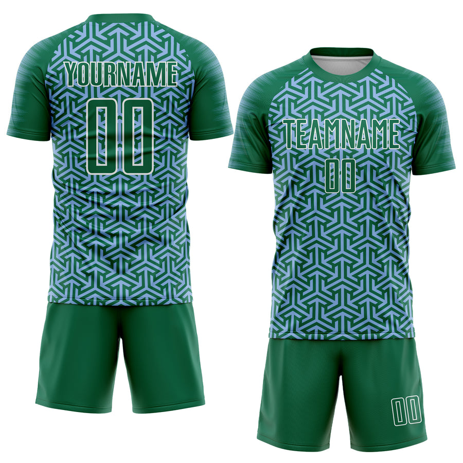 Custom Kelly Green Light Blue-White Geometric Arrow Sublimation Soccer Uniform Jersey