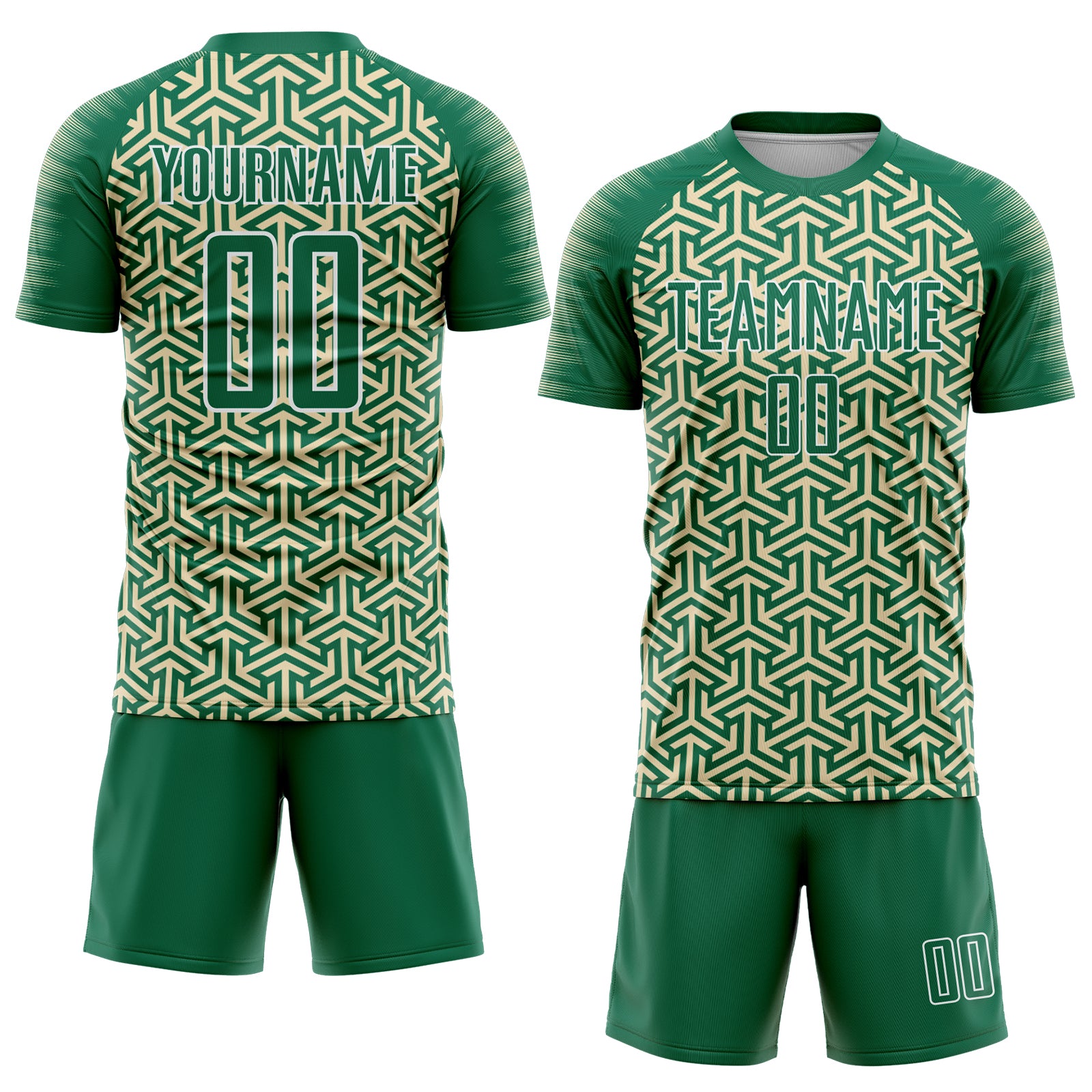 Custom Kelly Green Cream-White Geometric Arrow Sublimation Soccer Uniform Jersey