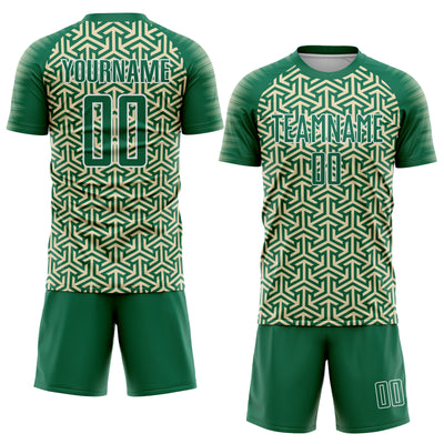 Custom Kelly Green Cream-White Geometric Arrow Sublimation Soccer Uniform Jersey